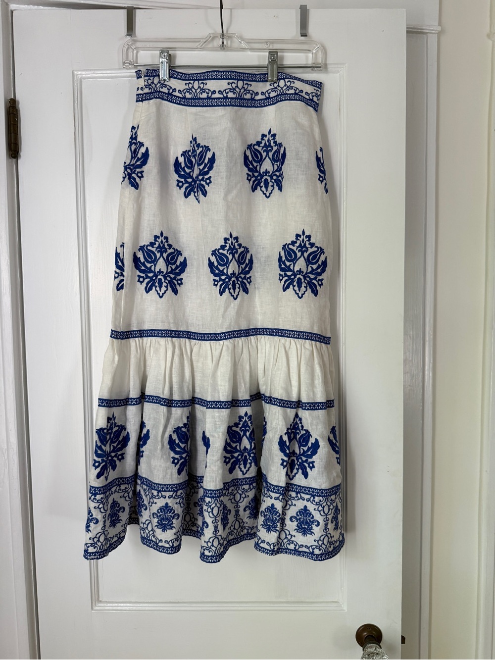Zara, 100% Linen, White Maxi Skirt with Blue Embroidered Print, Size S - Picture 3 of 5